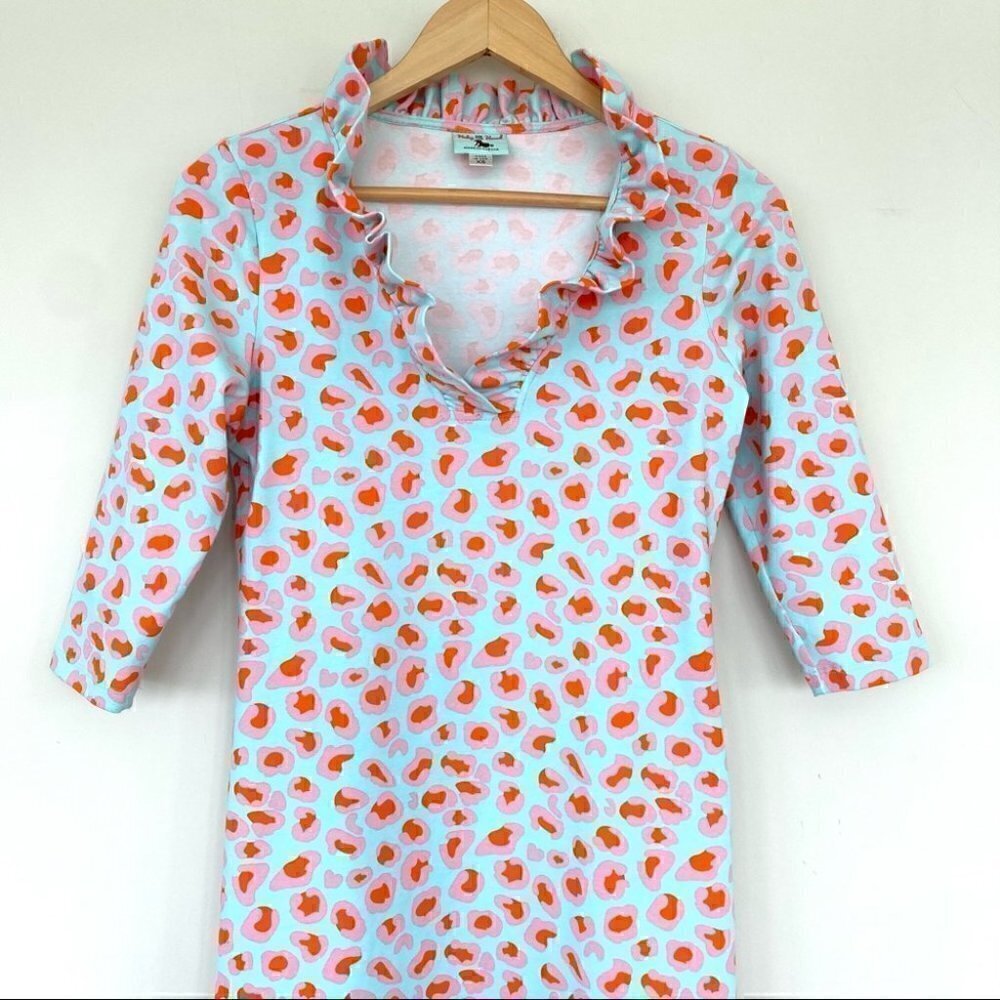 Haley and the Hound jersey knit mini dress with v-neck & ruffle  front